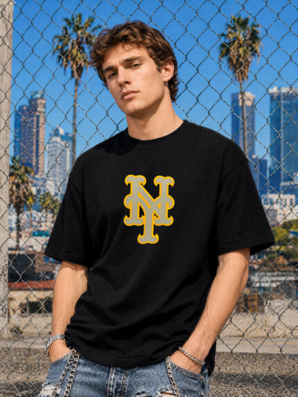 Interlocking NY Chest Logo Tee – 350gsm Heavyweight Cotton Oversized Black T-Shirt, Retro Baseball Monogram Streetwear